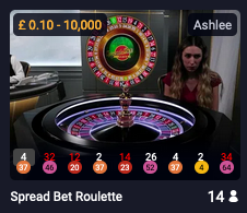 Screenshot showing Spread Bet Roulette table limits